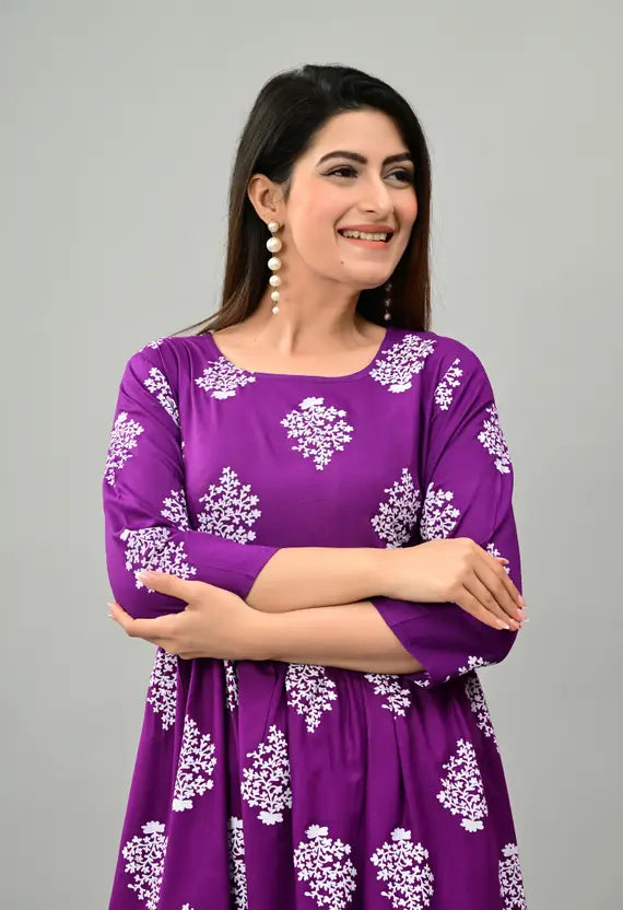 Women Printed Viscose Rayon Anarkali Kurta (Purple)