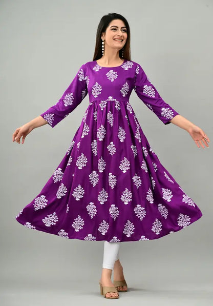 Women Printed Viscose Rayon Anarkali Kurta  (Purple)