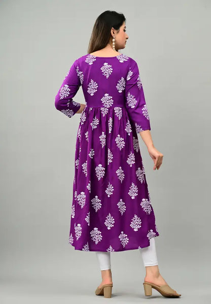 Women Printed Viscose Rayon Anarkali Kurta  (Purple)