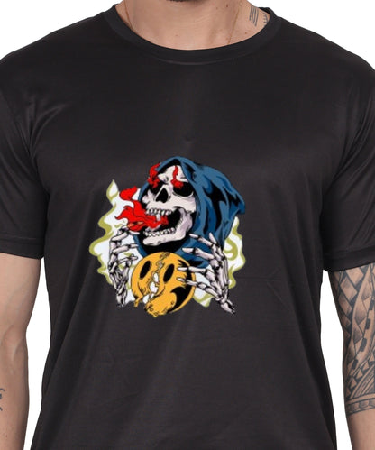 Skull Design Graphic T-Shirt, Black Cotton, Round Neck, Short Sleeve, Casual Wear