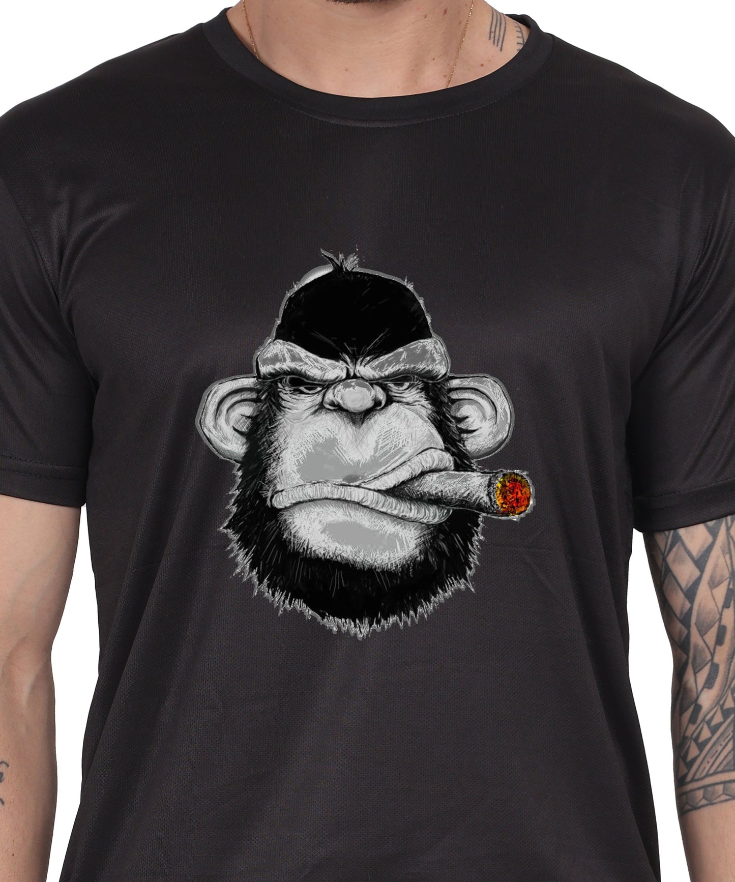 Edgy monkey Figure Graphic T-Shirt, Black Cotton, Short Sleeve, Regular Fit, Military Theme