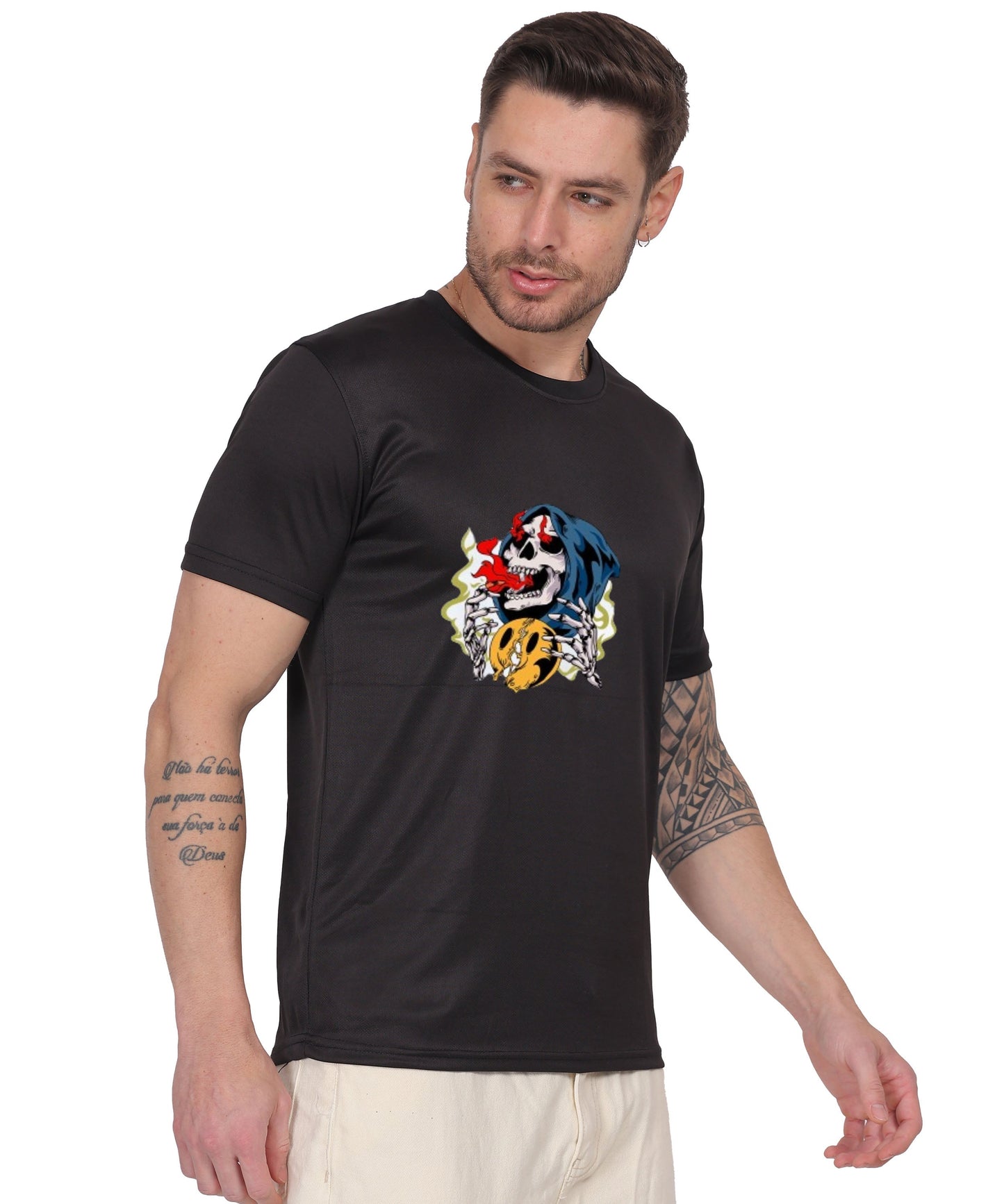 Skull Design Graphic T-Shirt, Black Cotton, Round Neck, Short Sleeve, Casual Wear