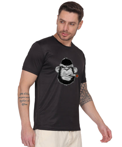 Edgy monkey Figure Graphic T-Shirt, Black Cotton, Short Sleeve, Regular Fit, Military Theme