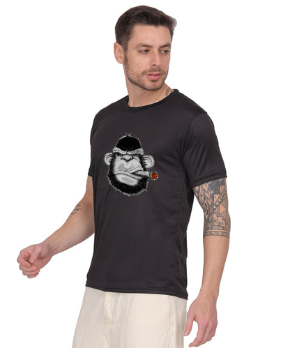 Edgy monkey Figure Graphic T-Shirt, Black Cotton, Short Sleeve, Regular Fit, Military Theme