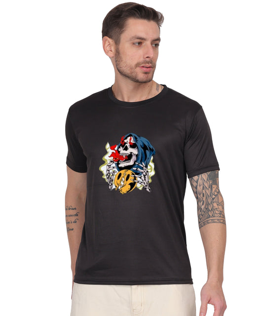 Skull Design Graphic T-Shirt, Black Cotton, Round Neck, Short Sleeve, Casual Wear