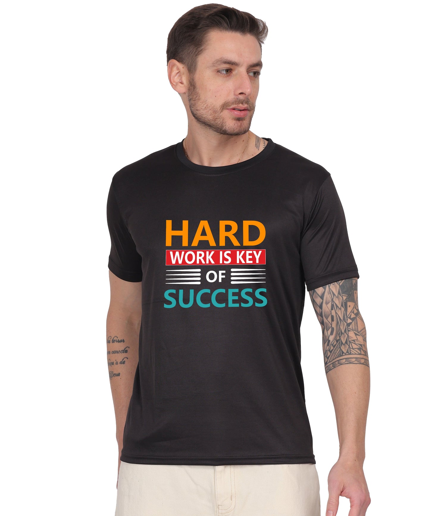 Hard Work is Key of Success Motivational Graphic T-Shirt, Black Cotton Blend, Short Sleeve, Regular Fit