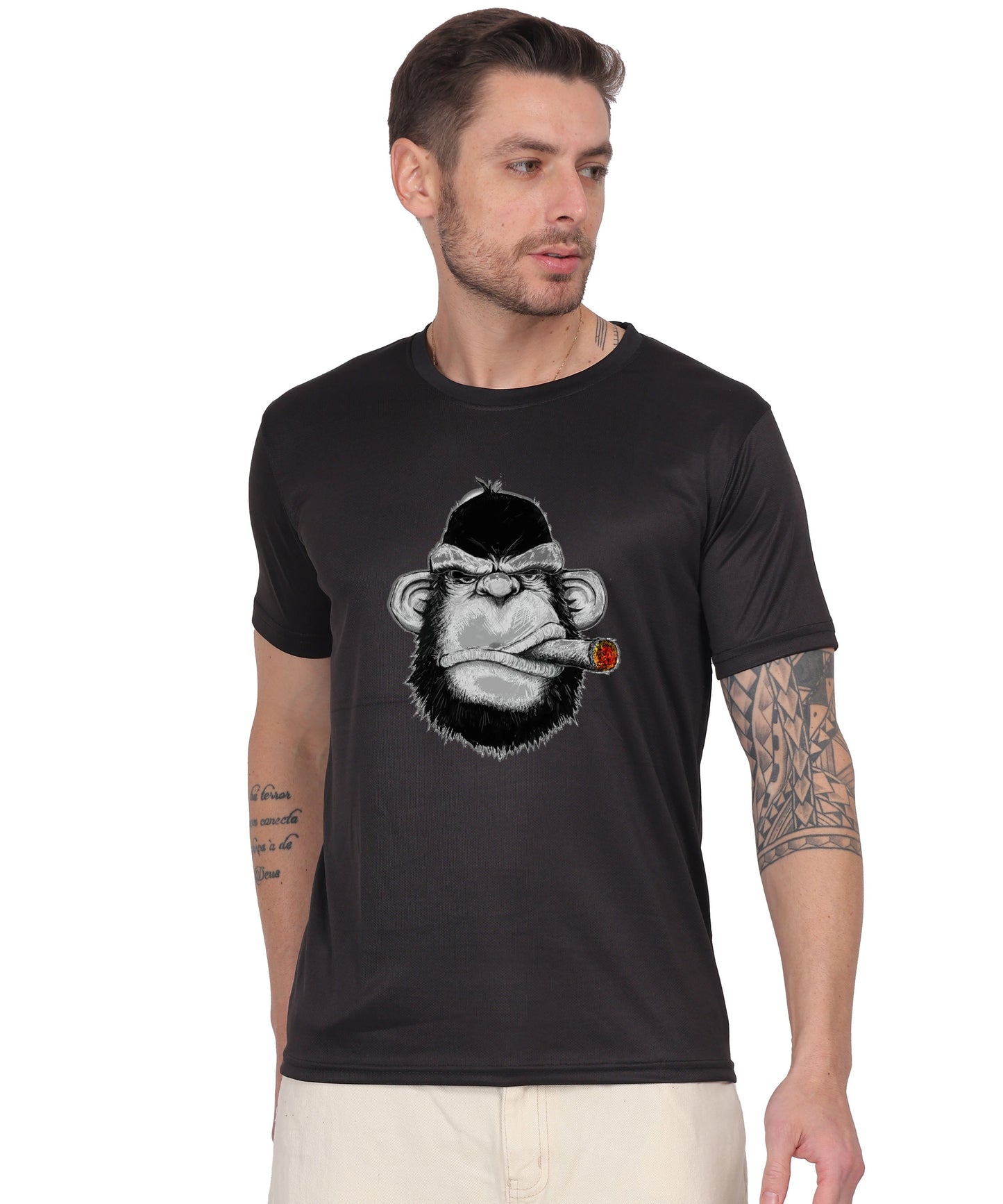Edgy monkey Figure Graphic T-Shirt, Black Cotton, Short Sleeve, Regular Fit, Military Theme