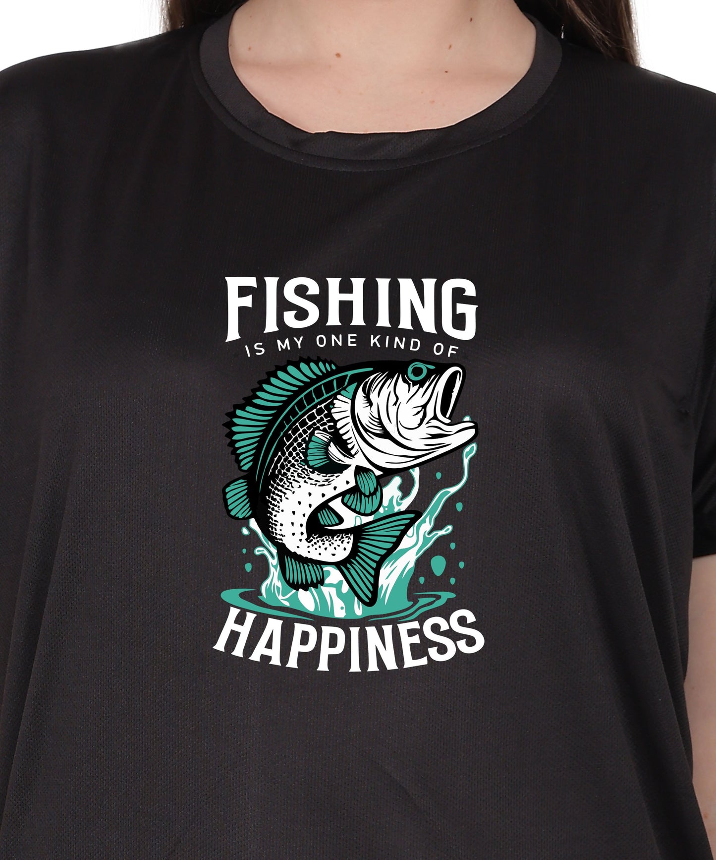 Generic Fishing Happiness Graphic T-Shirt, Black Cotton, Short Sleeve, Regular Fit, Crew Neck