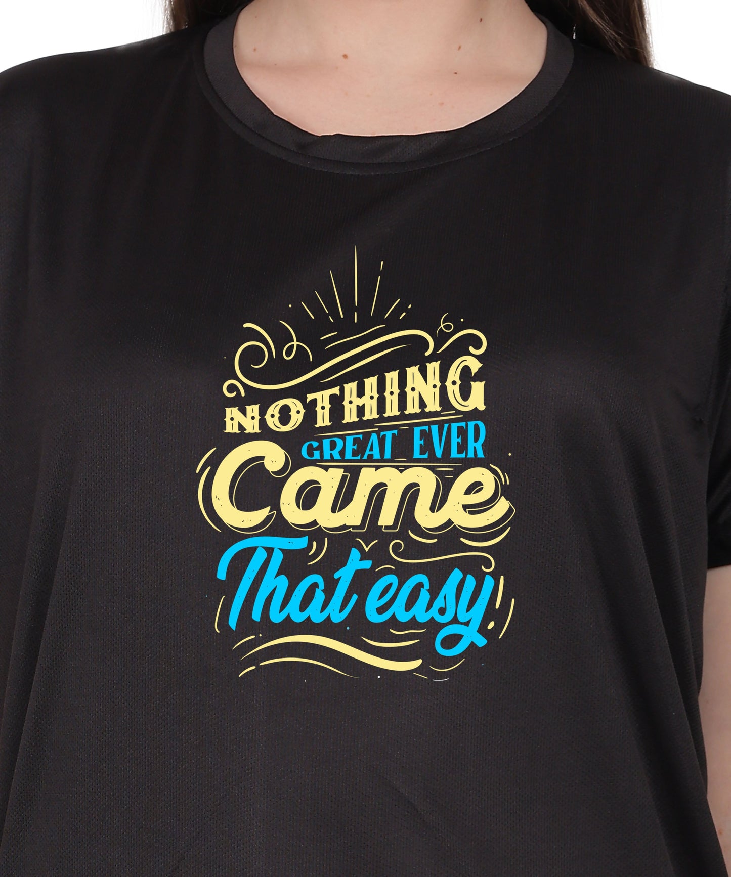 Generic Cotton Graphic T-Shirt, Black, Regular Fit, Short Sleeve, Crew Neck, 'Nothing Great Ever Came That Easy' Print