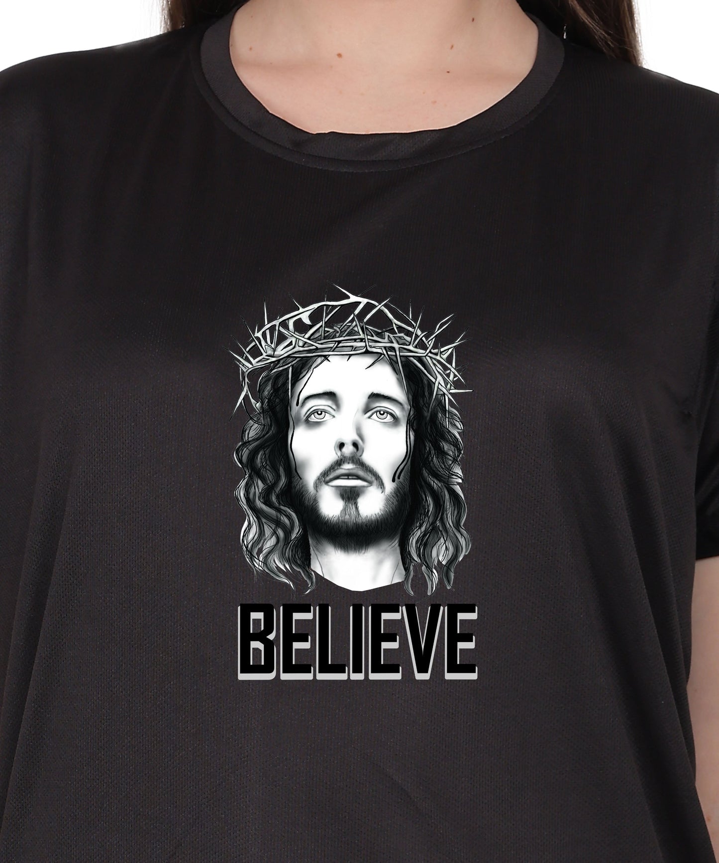 Religious Graphic T-Shirt, Red Cotton Blend, Short Sleeve, Believe Design