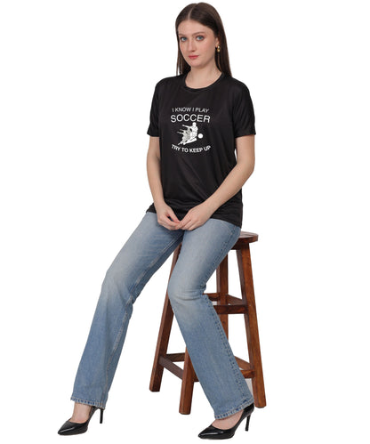 Soccer Graphic T-Shirt, I Know I Play Soccer Try to Keep Up Design, Red, Short Sleeve