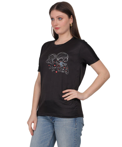 Love Graphic Print Cotton T-Shirt, Black, Round Neck, Short Sleeve, Casual Wear