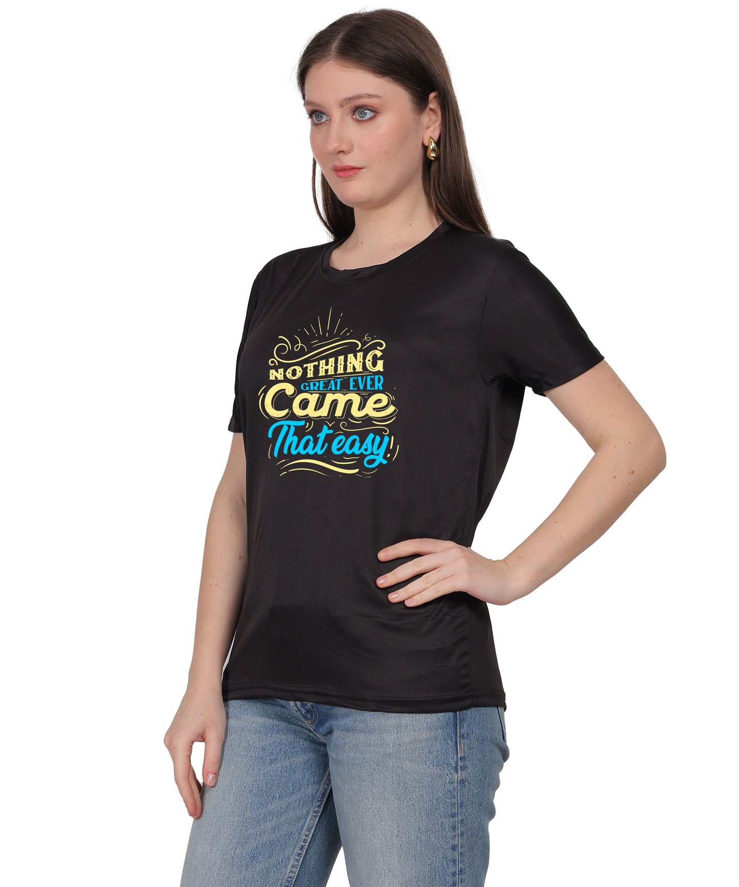Generic Cotton Graphic T-Shirt, Black, Regular Fit, Short Sleeve, Crew Neck, 'Nothing Great Ever Came That Easy' Print