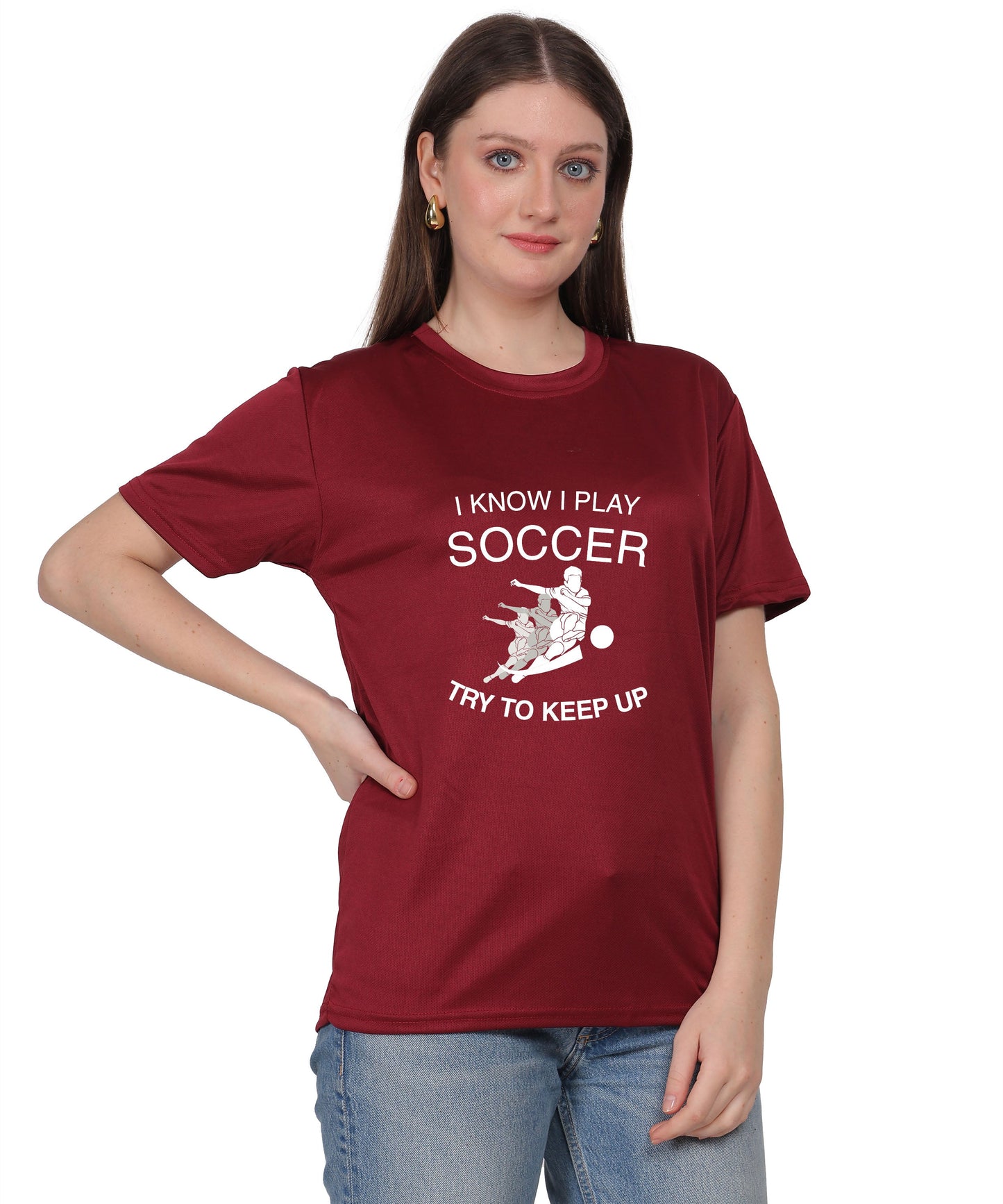 Soccer Graphic T-Shirt, I Know I Play Soccer Try to Keep Up Design, Red, Short Sleeve