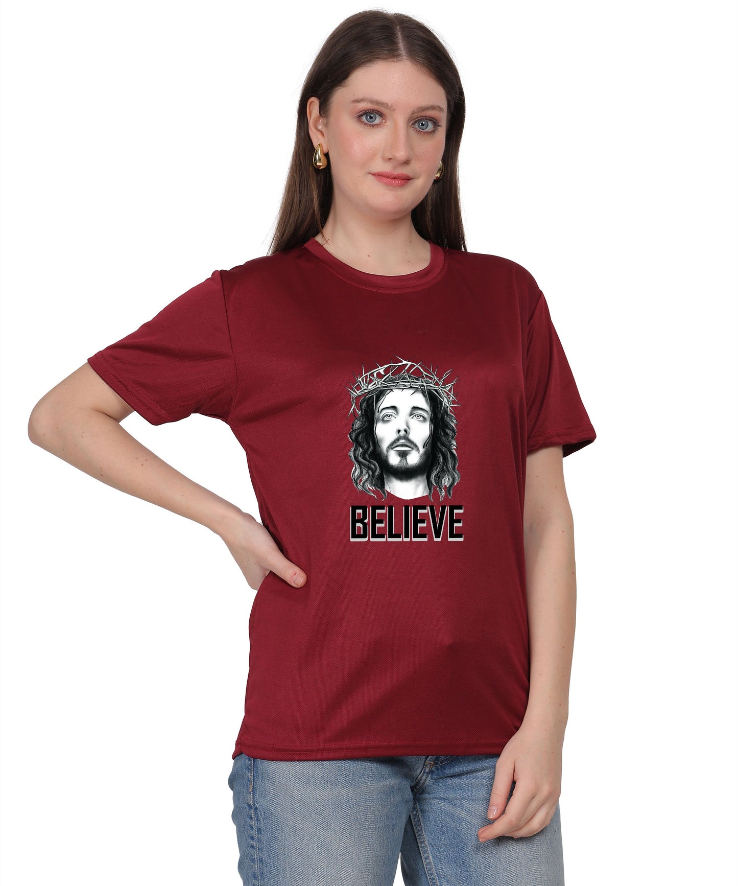 Religious Graphic T-Shirt, Red Cotton Blend, Short Sleeve, Believe Design