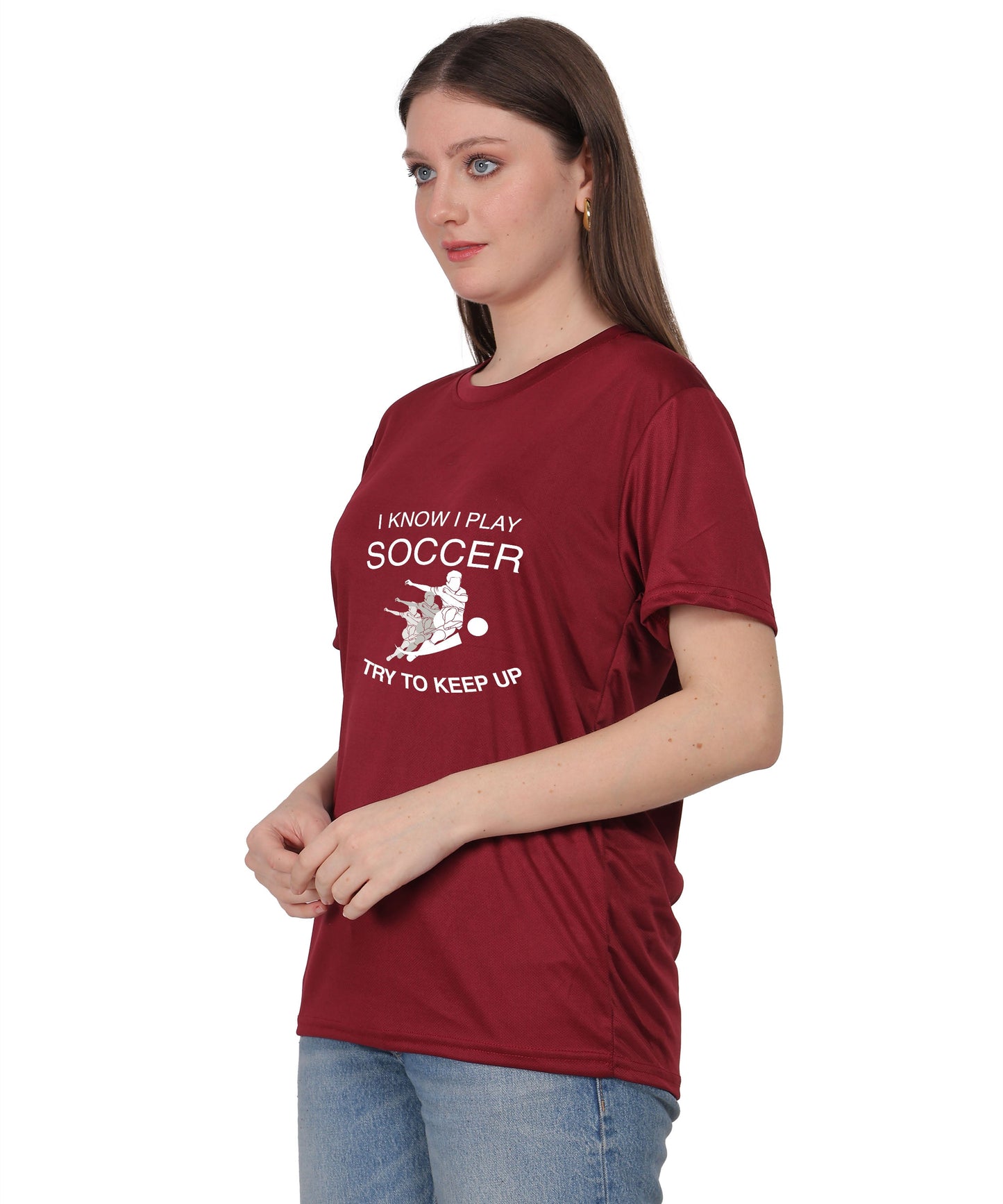 Soccer Graphic T-Shirt, I Know I Play Soccer Try to Keep Up Design, Red, Short Sleeve