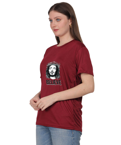 Religious Graphic T-Shirt, Red Cotton Blend, Short Sleeve, Believe Design