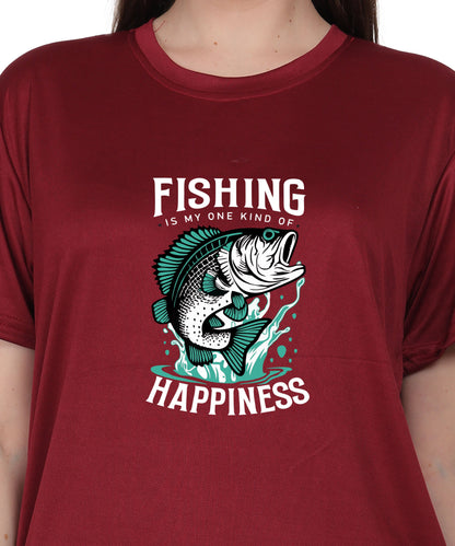 Generic Fishing Happiness Graphic T-Shirt, Black Cotton, Short Sleeve, Regular Fit, Crew Neck