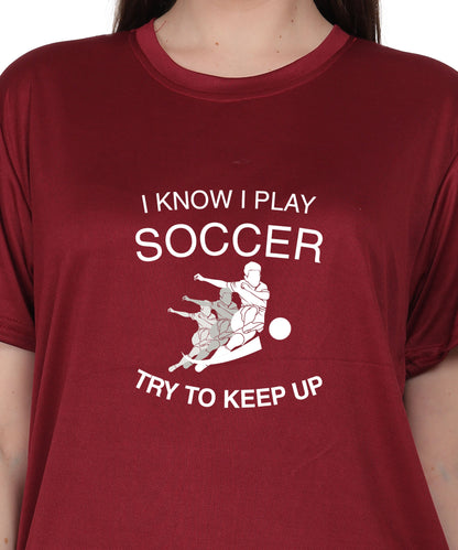 Soccer Graphic T-Shirt, I Know I Play Soccer Try to Keep Up Design, Red, Short Sleeve