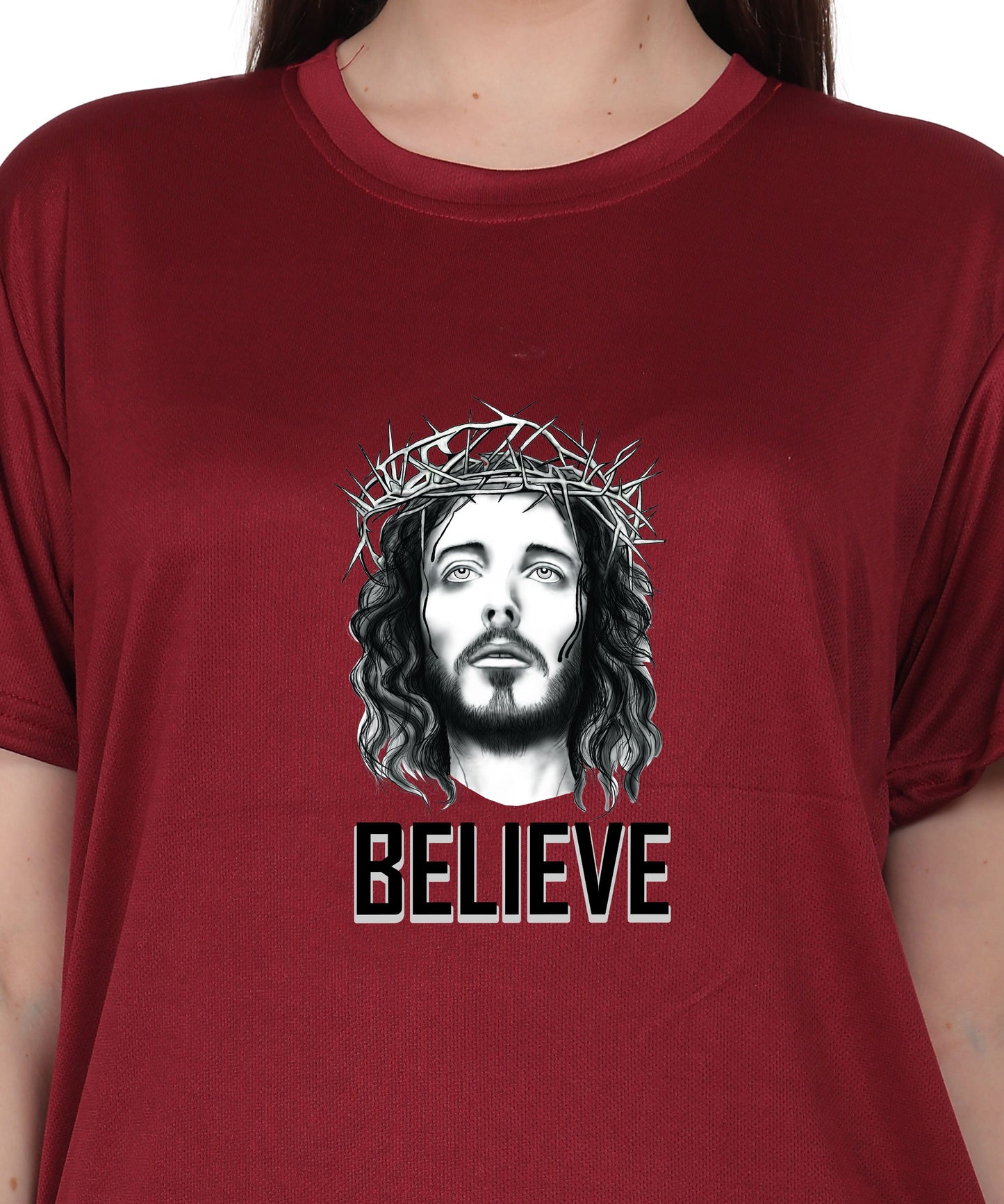 Religious Graphic T-Shirt, Red Cotton Blend, Short Sleeve, Believe Design