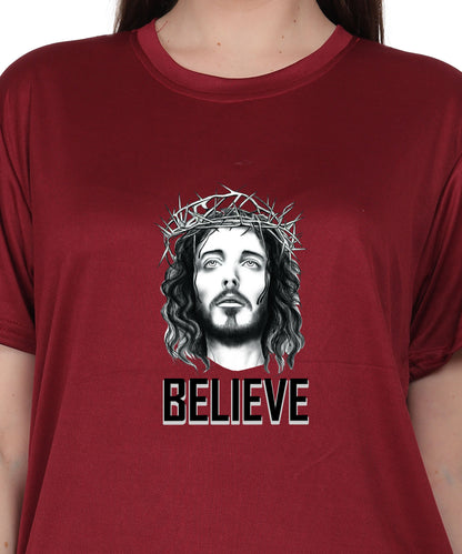Religious Graphic T-Shirt, Red Cotton Blend, Short Sleeve, Believe Design