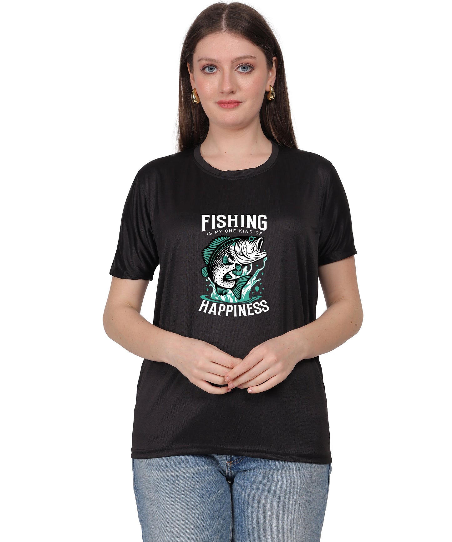 Generic Fishing Happiness Graphic T-Shirt, Black Cotton, Short Sleeve, Regular Fit, Crew Neck