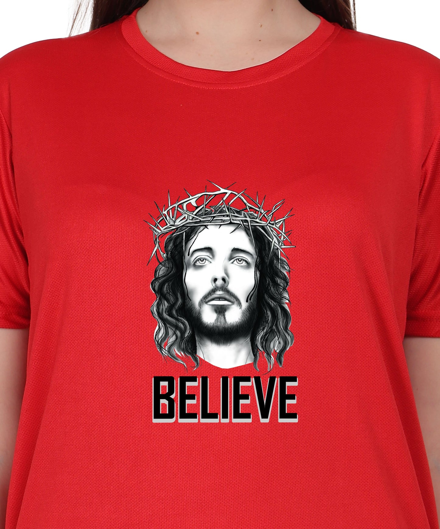 Religious Graphic T-Shirt, Red Cotton Blend, Short Sleeve, Believe Design