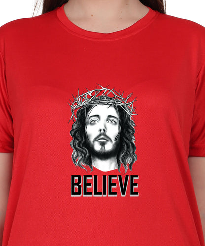 Religious Graphic T-Shirt, Red Cotton Blend, Short Sleeve, Believe Design