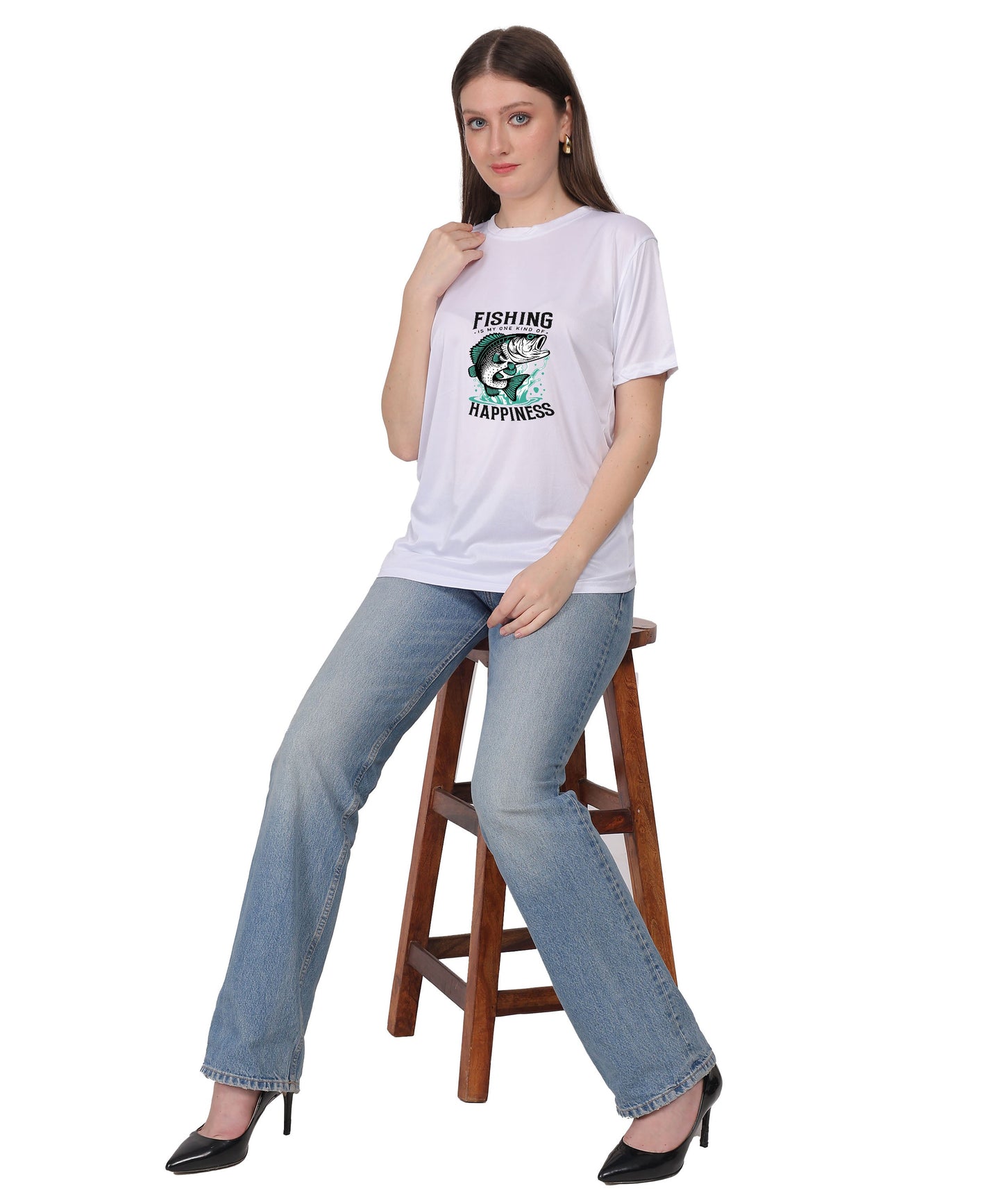 Generic Fishing Happiness Graphic T-Shirt, Black Cotton, Short Sleeve, Regular Fit, Crew Neck