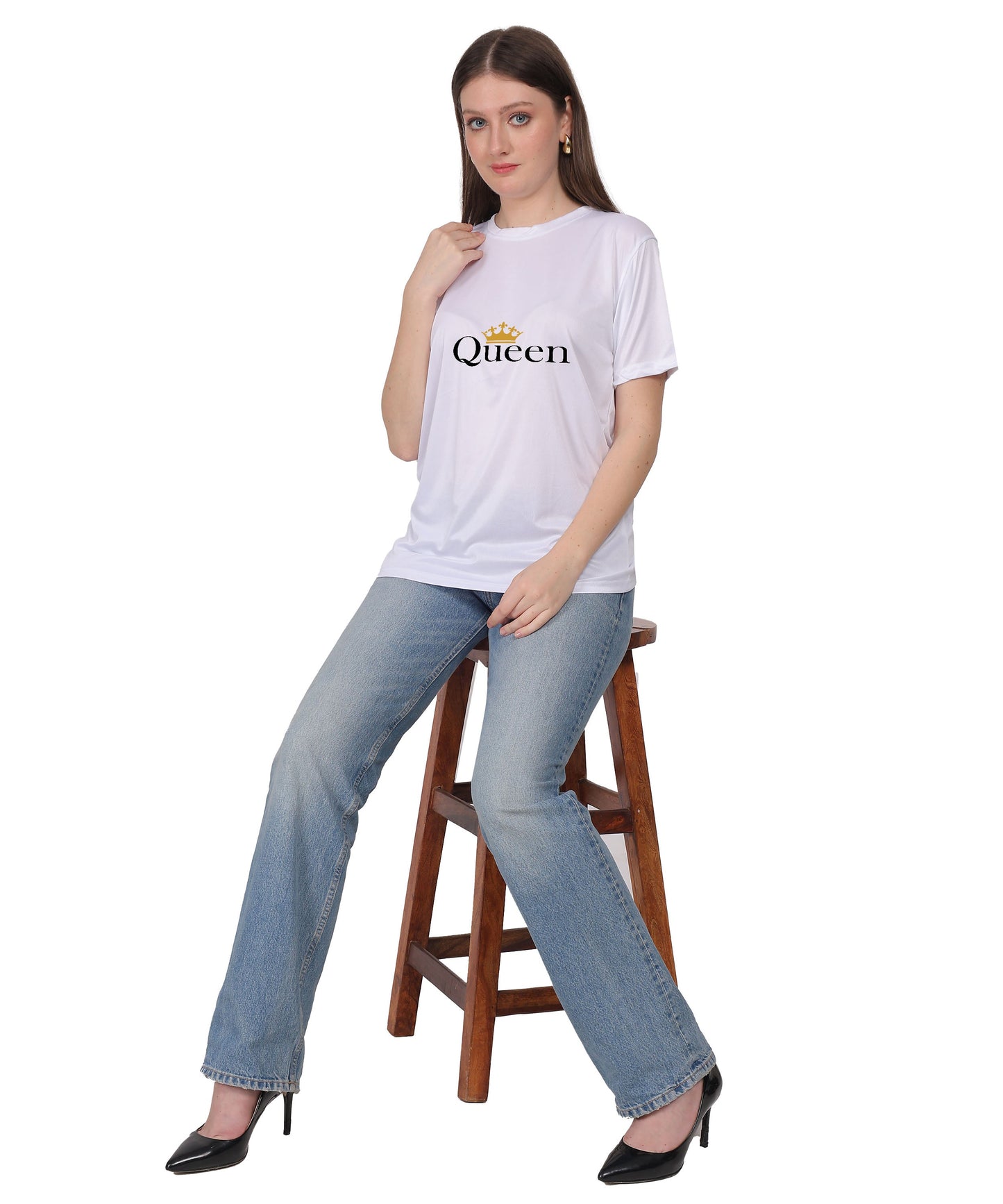 Queen Crown Print T-Shirt, Cotton, Round Neck, Short Sleeve, Regular Fit