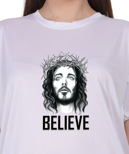 Religious Graphic T-Shirt, Red Cotton Blend, Short Sleeve, Believe Design