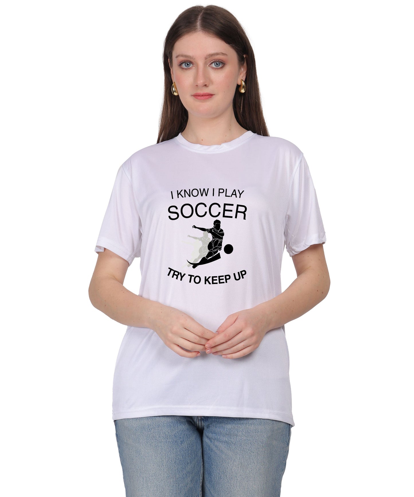 Soccer Graphic T-Shirt, I Know I Play Soccer Try to Keep Up Design, Red, Short Sleeve