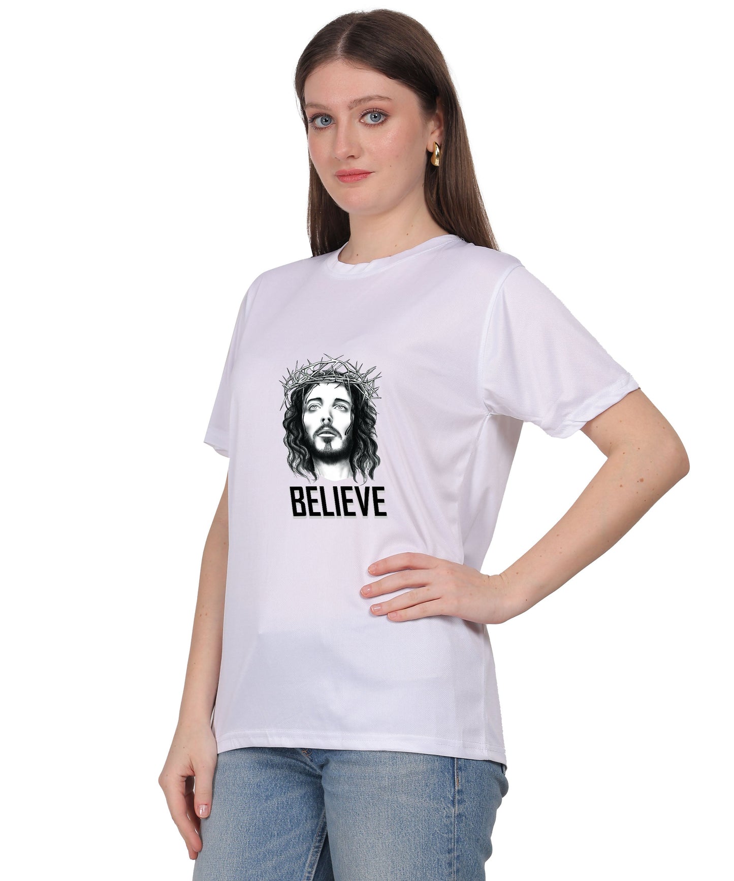 Religious Graphic T-Shirt, Red Cotton Blend, Short Sleeve, Believe Design