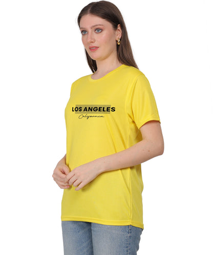 Los Angeles California Typography T-Shirt, Yellow, Cotton, Round Neck, Short Sleeve
