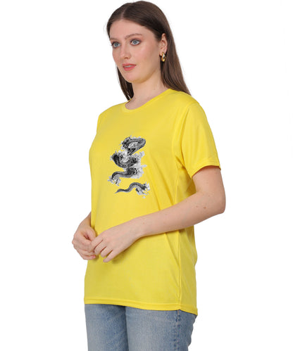 Cotton T-Shirt with Snake Design Graphic Print, Round Neck, Short Sleeve, Casual Wear