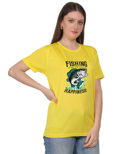 Generic Fishing Happiness Graphic T-Shirt, Black Cotton, Short Sleeve, Regular Fit, Crew Neck