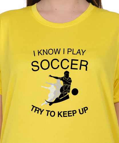 Soccer Graphic T-Shirt, I Know I Play Soccer Try to Keep Up Design, Red, Short Sleeve