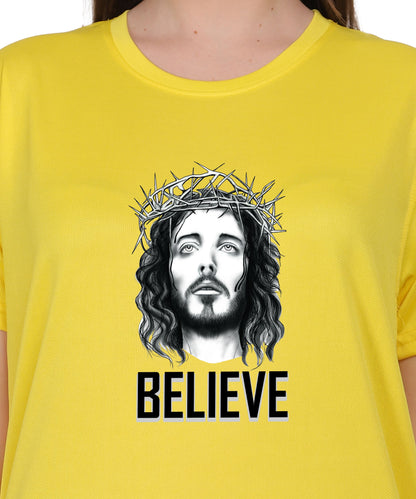 Religious Graphic T-Shirt, Red Cotton Blend, Short Sleeve, Believe Design