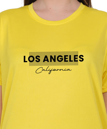 Los Angeles California Typography T-Shirt, Yellow, Cotton, Round Neck, Short Sleeve