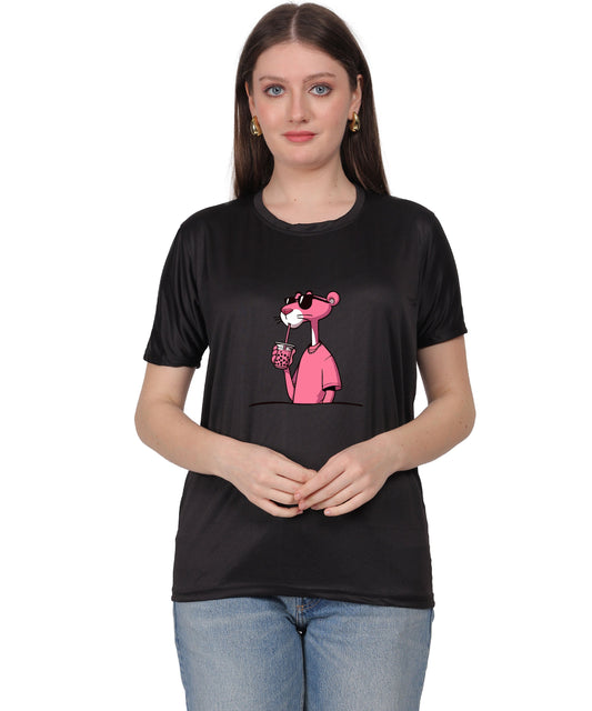 Cool Pink Panther Graphic T-Shirt, Black Cotton, Casual Round Neck