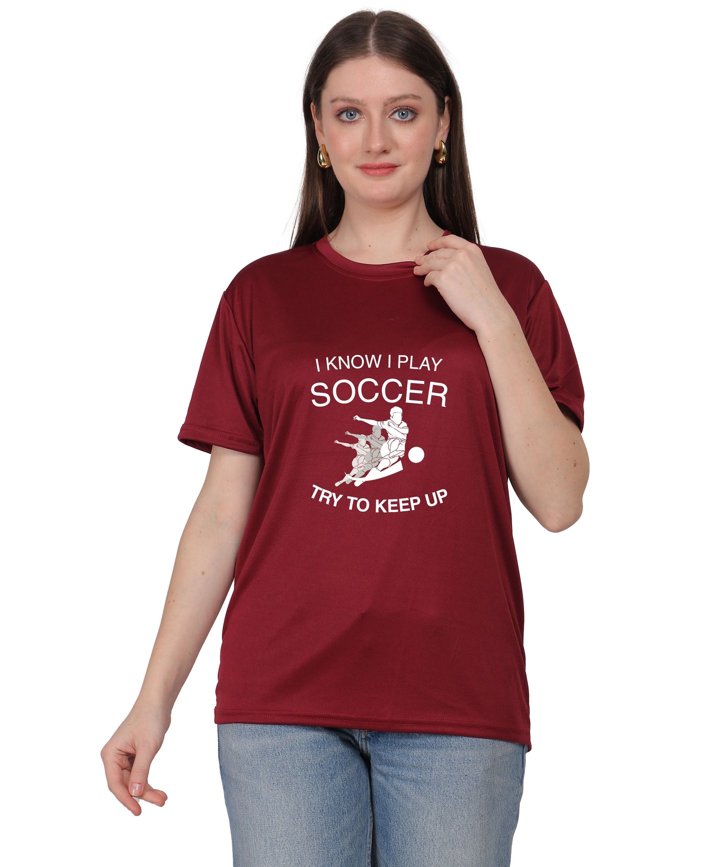 Soccer Graphic T-Shirt, I Know I Play Soccer Try to Keep Up Design, Red, Short Sleeve