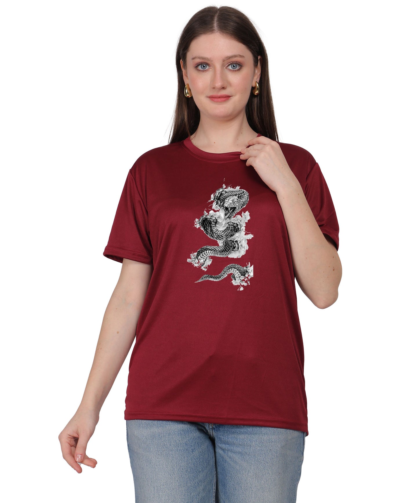 Cotton T-Shirt with Snake Design Graphic Print, Round Neck, Short Sleeve, Casual Wear