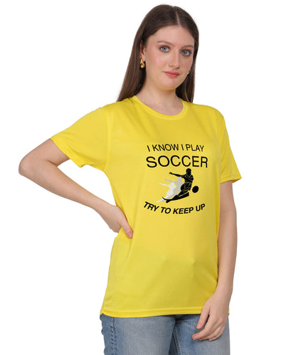 Soccer Graphic T-Shirt, I Know I Play Soccer Try to Keep Up Design, Red, Short Sleeve