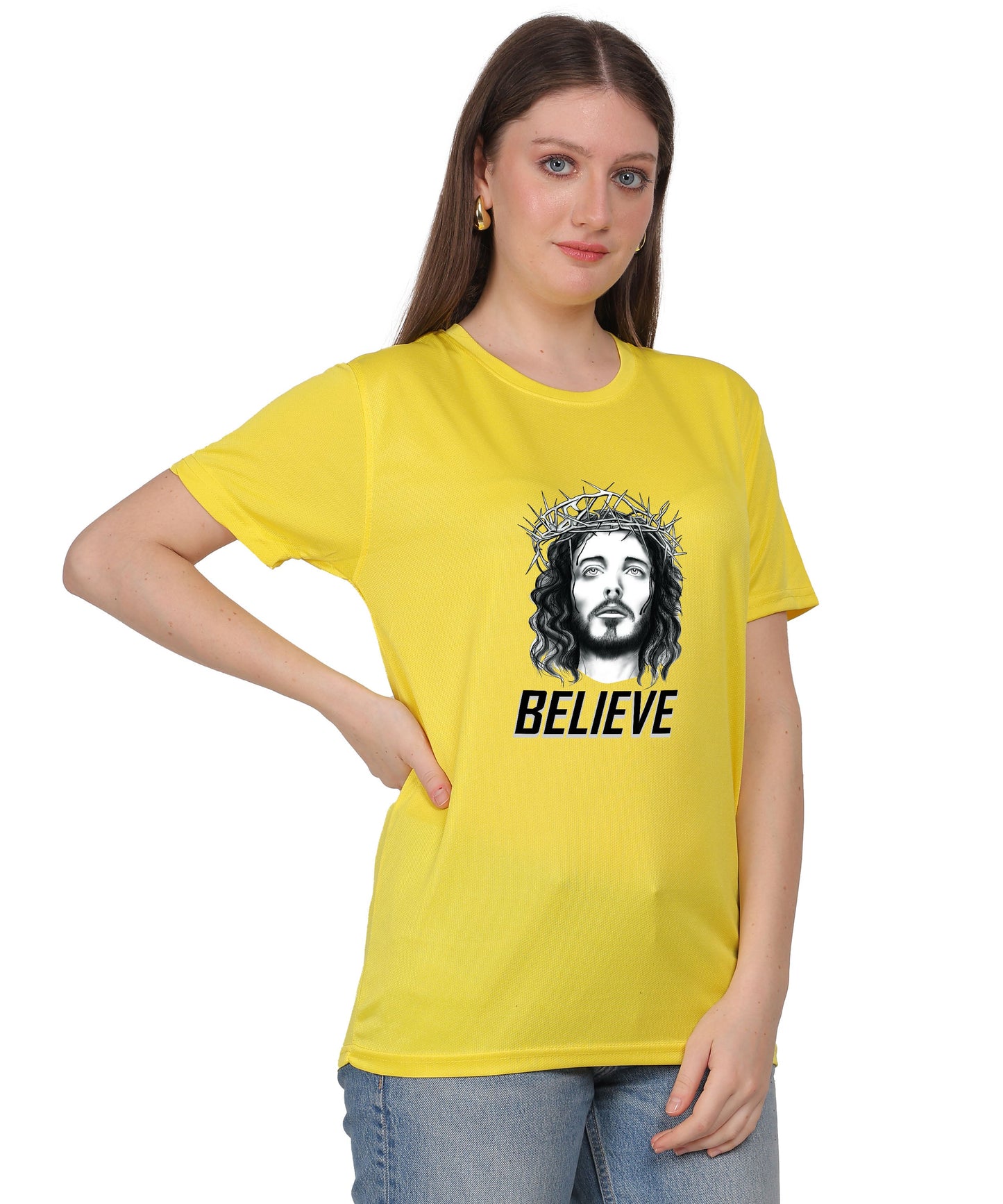 Religious Graphic T-Shirt, Red Cotton Blend, Short Sleeve, Believe Design