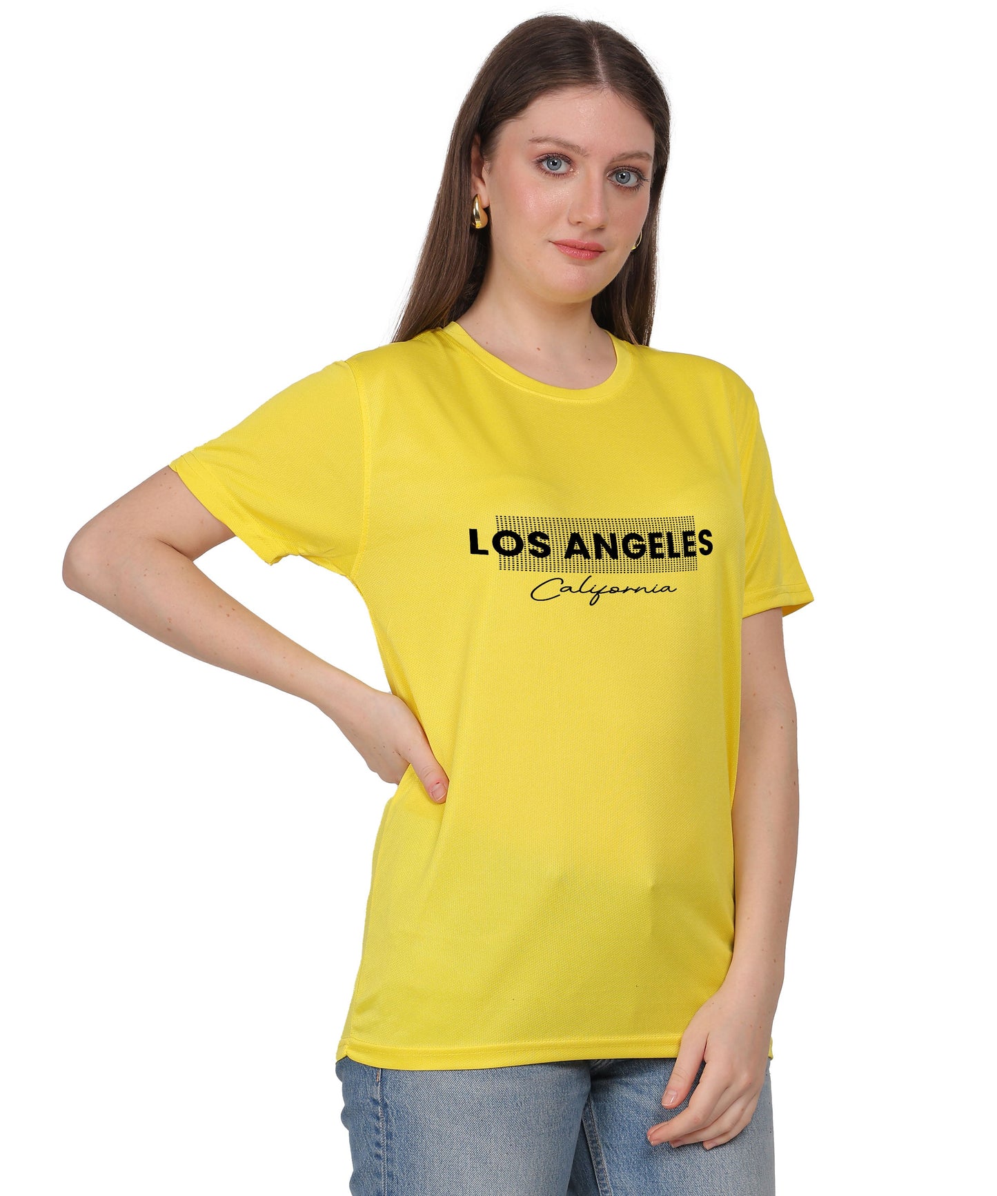 Los Angeles California Typography T-Shirt, Yellow, Cotton, Round Neck, Short Sleeve