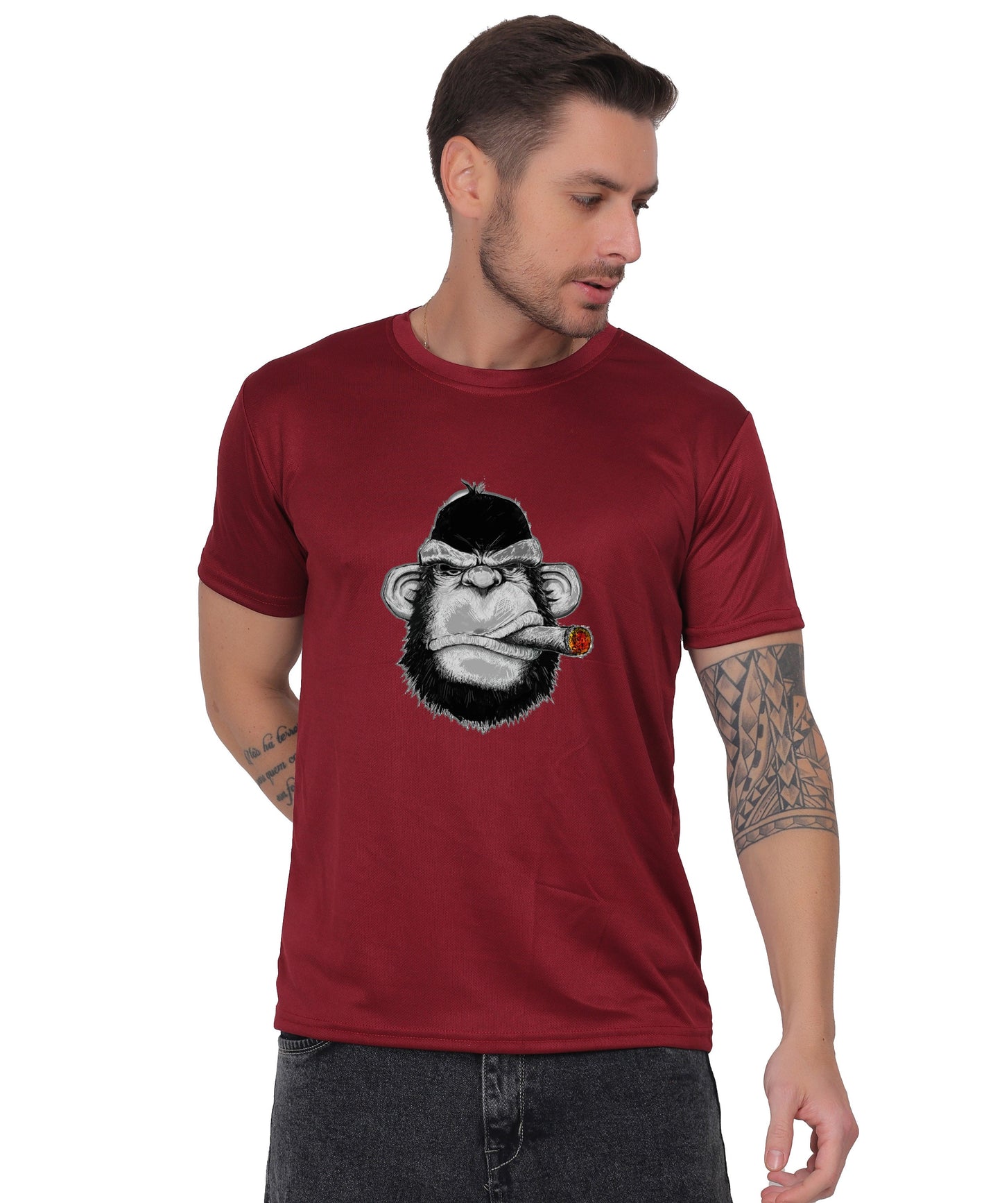 Edgy monkey Figure Graphic T-Shirt, Black Cotton, Short Sleeve, Regular Fit, Military Theme