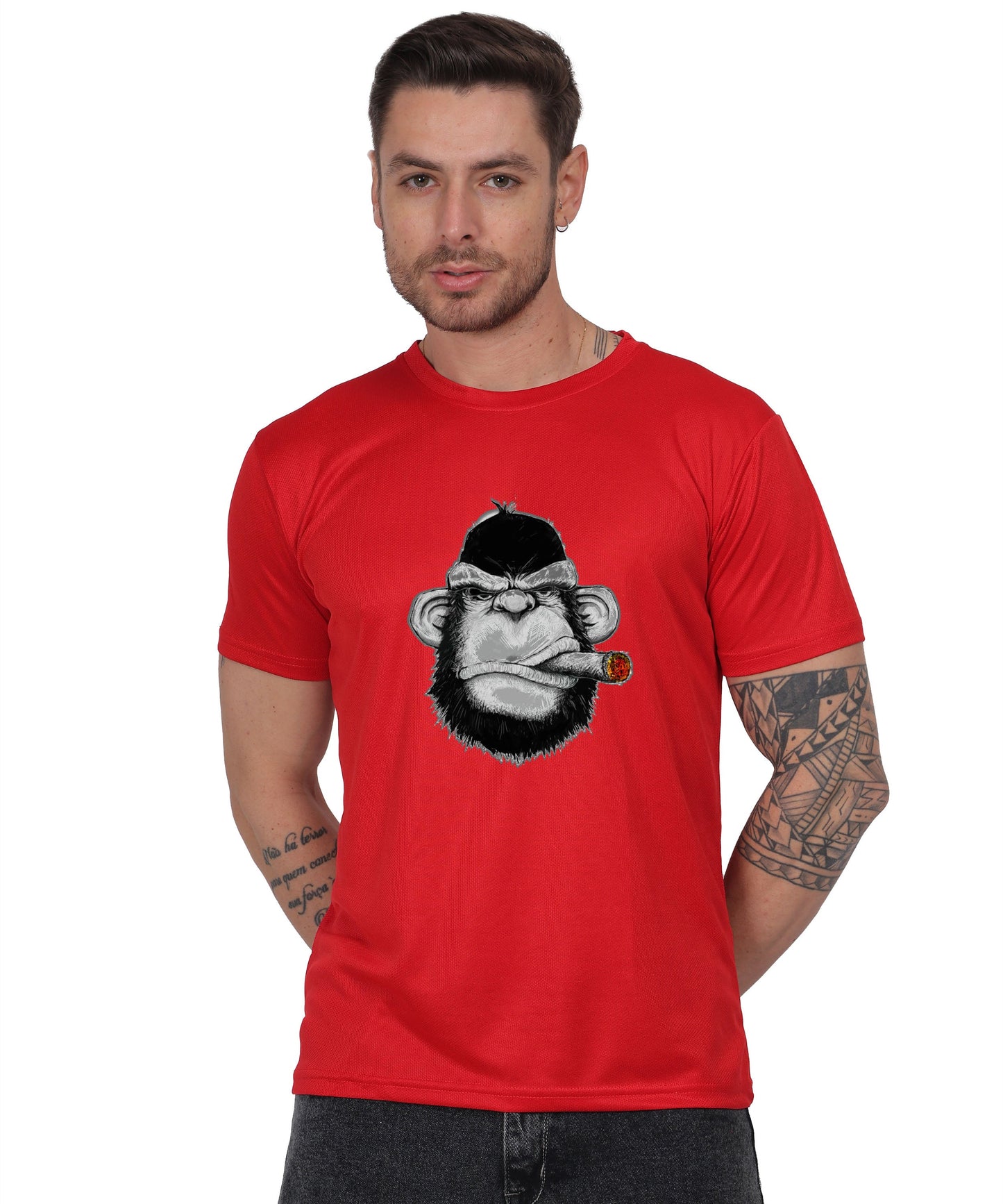 Edgy monkey Figure Graphic T-Shirt, Black Cotton, Short Sleeve, Regular Fit, Military Theme