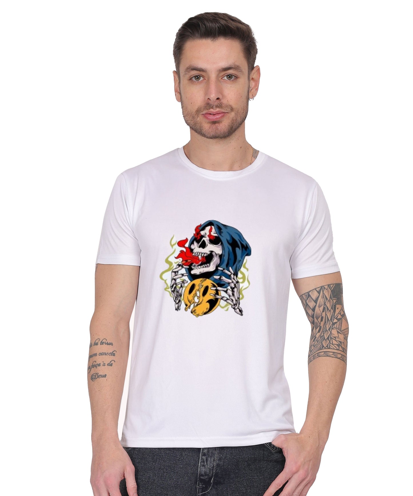 Skull Design Graphic T-Shirt, Black Cotton, Round Neck, Short Sleeve, Casual Wear