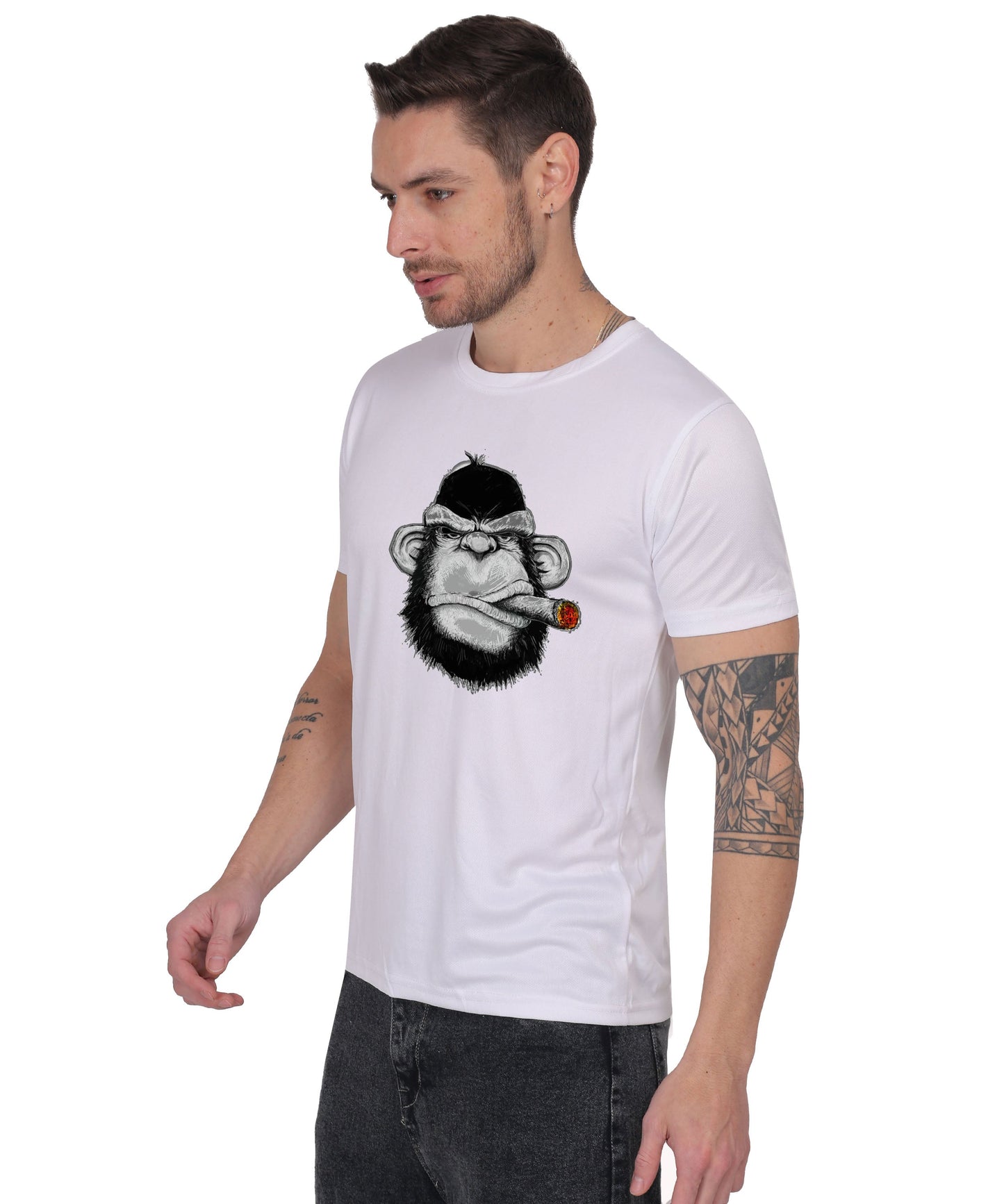 Edgy monkey Figure Graphic T-Shirt, Black Cotton, Short Sleeve, Regular Fit, Military Theme