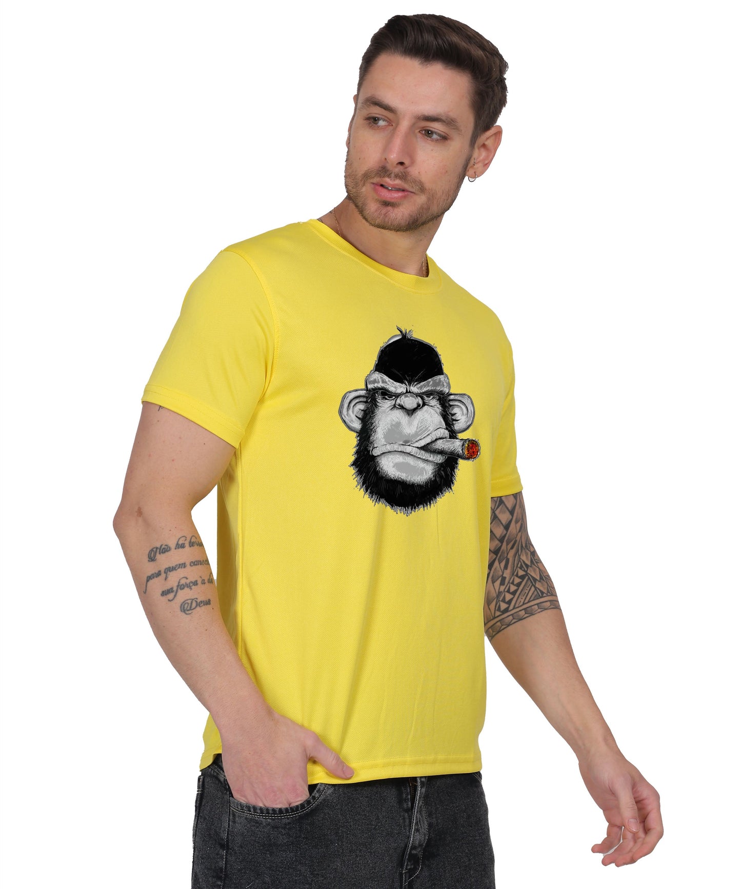 Edgy monkey Figure Graphic T-Shirt, Black Cotton, Short Sleeve, Regular Fit, Military Theme